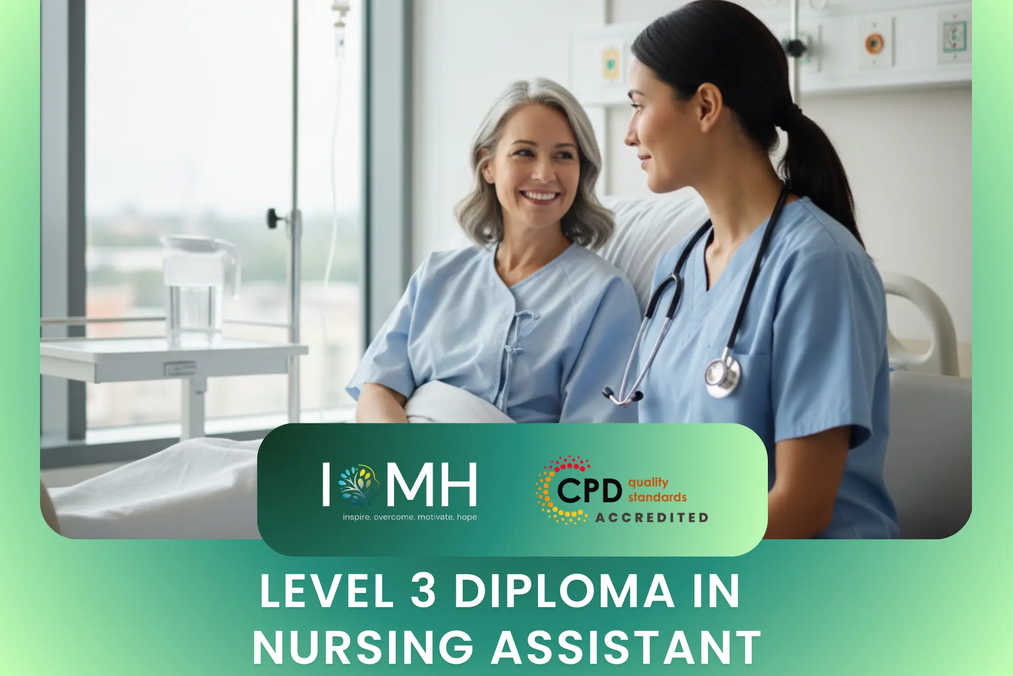 Level 3 Diploma in Nursing Assistant course cover image showing a healthcare assistant providing patient care in a hospital setting.