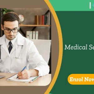 Medical specialist takes notes at laptop with promotional banner for UK-based Medical Secretary course by IOMH.