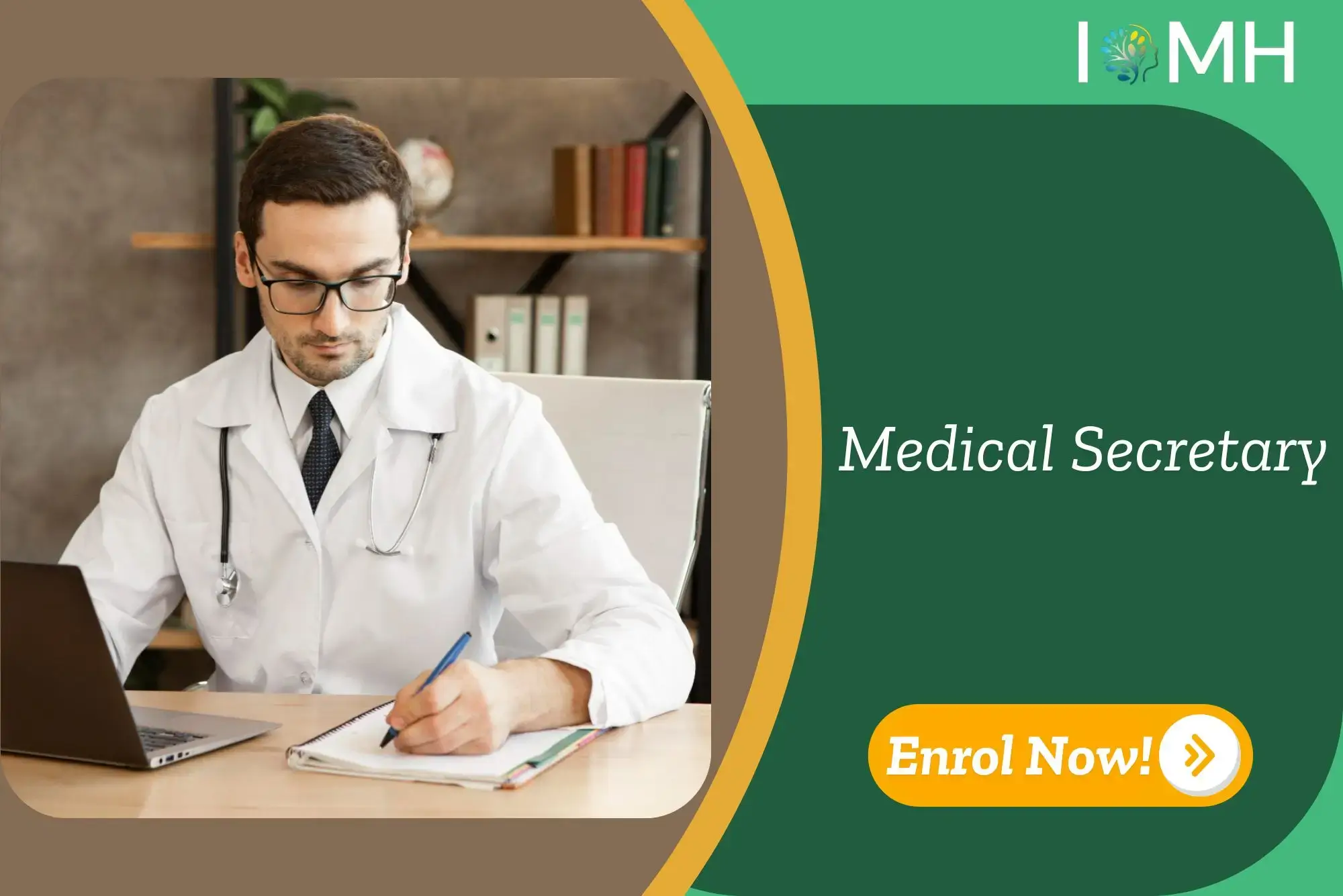 Medical specialist takes notes at laptop with promotional banner for UK-based Medical Secretary course by IOMH.