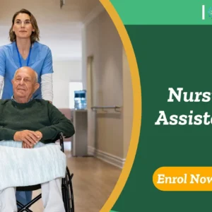 Nursing assistant guides patient in wheelchair through healthcare corridor; promotional banner highlights UK-based Nursing Assistance training by IOMH.
