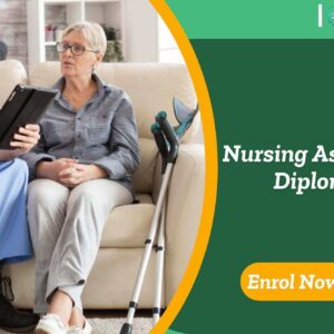 Healthcare worker consults with elderly woman in a supportive setting; banner promotes Nursing Assistant Diploma.