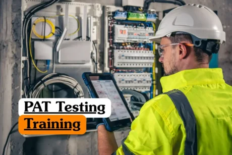 PAT Testing Training course banner with professional in safety helmet inspecting electrical panel using tablet device.