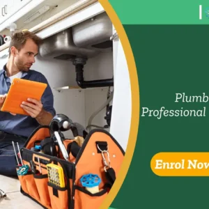 Professional plumber reviews tablet near open sink cabinet with visible pipes and tools; promotional banner highlights UK-based Professional Plumbing training by IOMH.