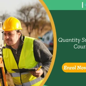 Construction professional conducting a land survey with a theodolite and a clipboard; banner highlights Quantity Surveying course.