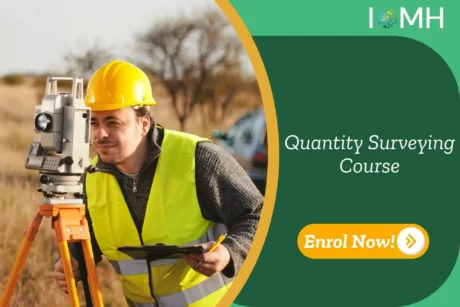 Construction professional conducting a land survey with a theodolite and a clipboard; banner highlights Quantity Surveying course.