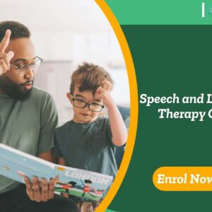 Speech and Language Therapy Online banner with adult guiding child through learning activity and enrol now.