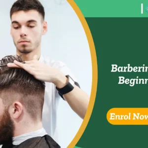 Barber cutting client’s hair; banner promotes IOMH Barbering for Beginners course.