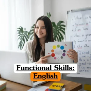 Functional Skills English course banner with student holding color wheel chart laptop and whiteboard showing basic conversational lesson notes.