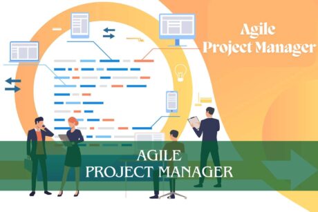 Agile Project Manager course banner with business professionals collaborating on laptops and tablets with workflow graphics.