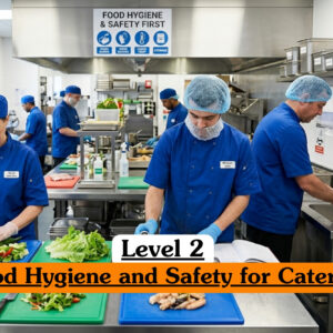 Level 2 Food Hygiene and Safety for Catering course banner with kitchen staff in uniforms preparing food at stainless steel workstations with hygiene signs.