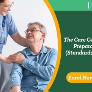 Healthcare assistant offers emotional and physical support in caregiving setting; promotional banner features UK-based “Care Certificate Preparation (Standards 1–16)” training by IOMH