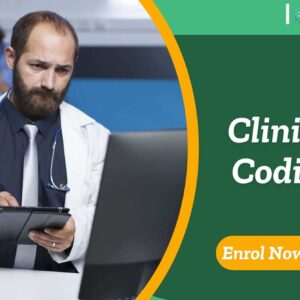 Doctor reviewing tablet; banner promotes IOMH Clinical Coding course.