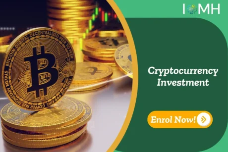 Bitcoin coins and market charts; banner promotes IOMH Cryptocurrency Investment course.