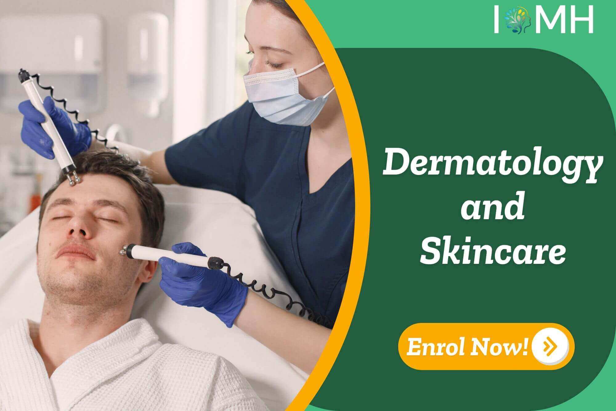 Skincare specialist performing facial treatment; banner promotes Dermatology and Skincare course.
