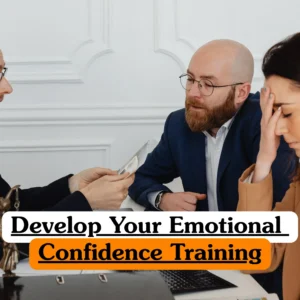 Develop Your Emotional Confidence Training course banner with professionals in formal meeting setting discussing documents laptop.