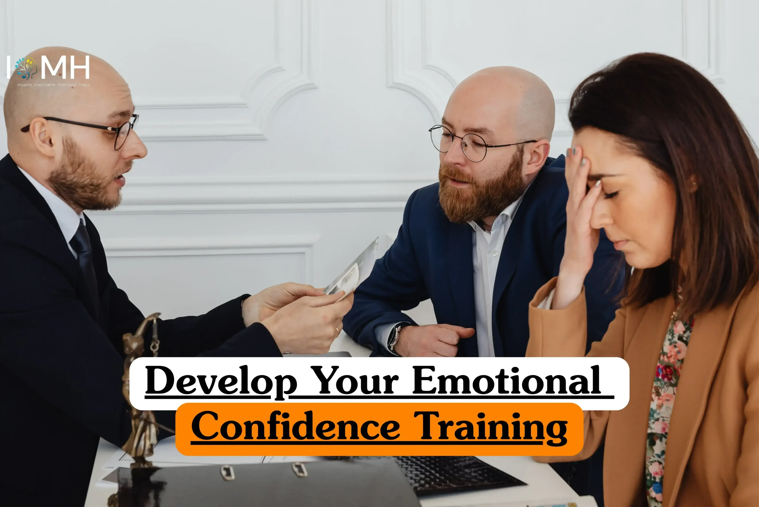 Develop Your Emotional Confidence Training course banner with professionals in formal meeting setting discussing documents laptop.