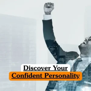 Discover Your Confident Personality course banner with professional in suit and glasses raising arm triumphantly in front of tall modern buildings blended with cityscape empowerment confidence personal development training concept.