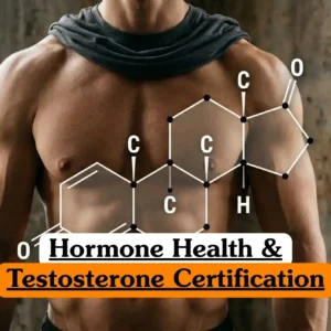 Hormone Health and Testosterone Certification course banner with muscular torso draped in dark cloth and chemical structure diagram of testosterone molecule on textured wall background.