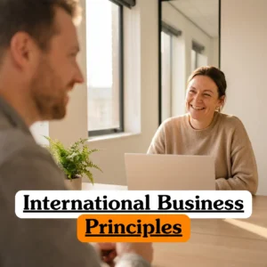 Theoretical global trade and corporate strategy training banner featuring a group of diverse professionals gathered around a conference table in a high-rise office.