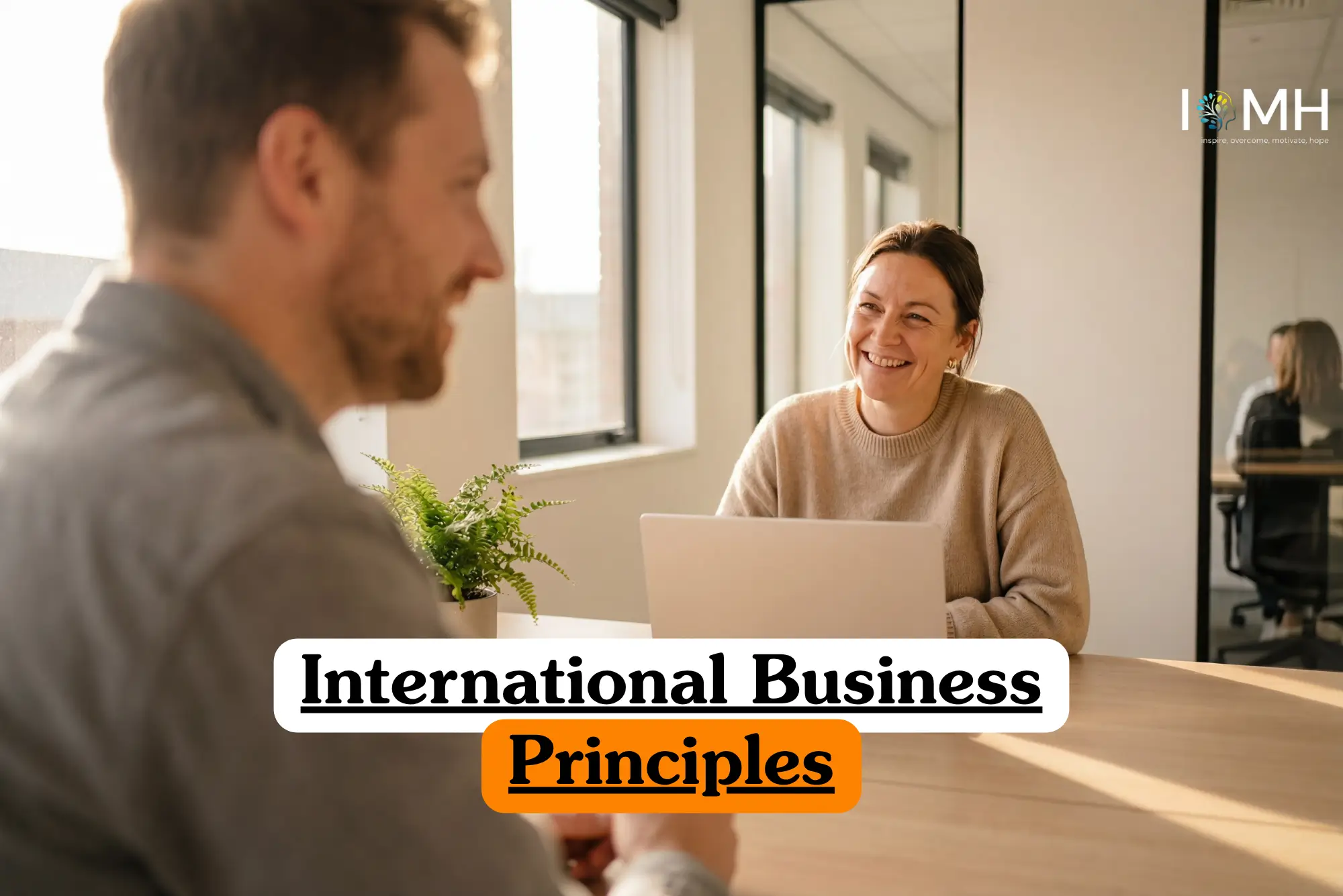 Theoretical global trade and corporate strategy training banner featuring a group of diverse professionals gathered around a conference table in a high-rise office.