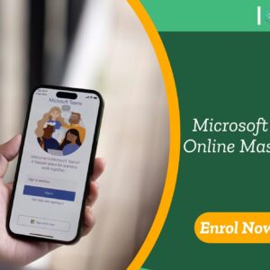 Mobile screen showing Microsoft Teams welcome page; promotional banner highlights UK-based Microsoft Teams Online Masterclass by IOMH.