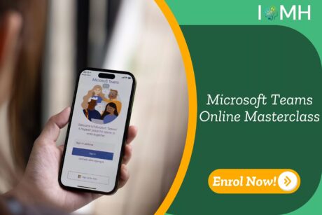 Mobile screen showing Microsoft Teams welcome page; promotional banner highlights UK-based Microsoft Teams Online Masterclass by IOMH.