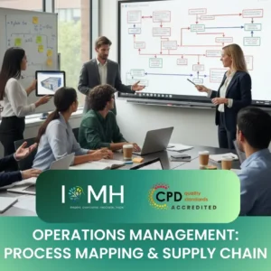 Operations Management training session with professionals analysing process mapping and supply chain flowcharts.