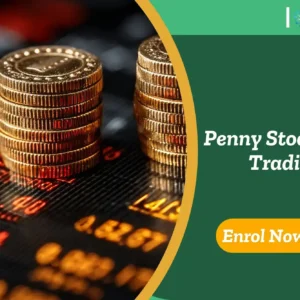 Gold coins on stock display; banner promotes IOMH Penny Stocks Day Trading course.
