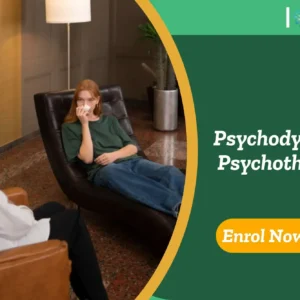 Therapy session in warm setting; banner promotes psychodynamic psychotherapy course.