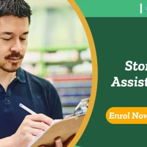 Retail professional recording inventory or notes in store environment; promotional banner highlights UK-based Store Assistant training