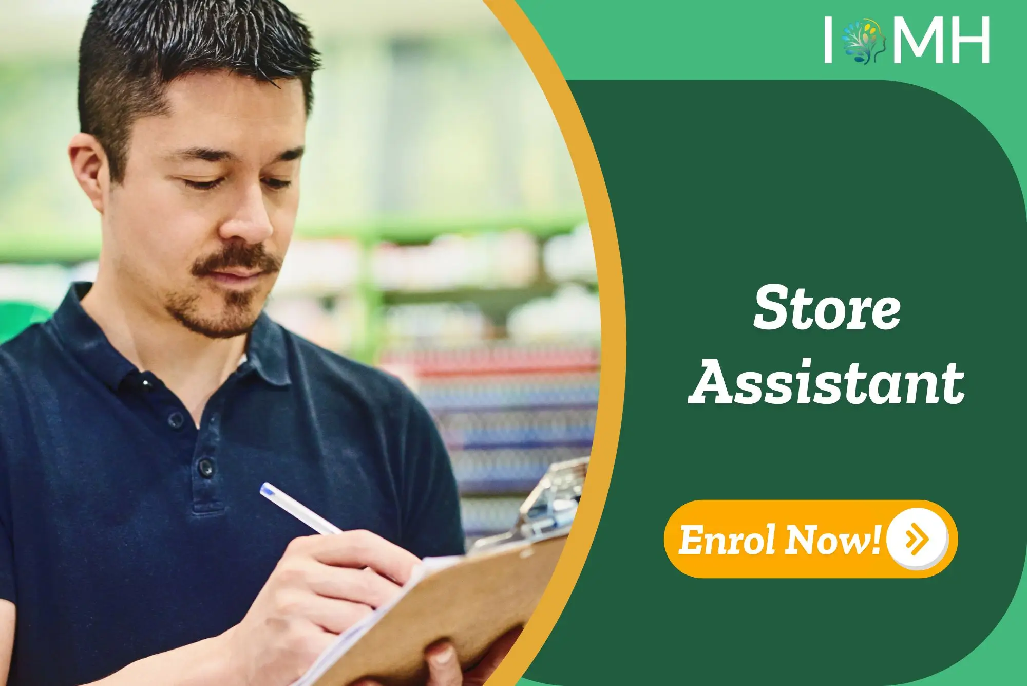 Retail professional recording inventory or notes in store environment; promotional banner highlights UK-based Store Assistant training