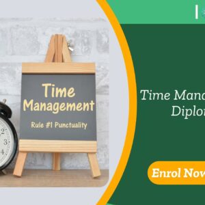 Timekeeping and punctuality symbolised by alarm clock and training sign; UK-based “Time Management Diploma” course promoted by IOMH