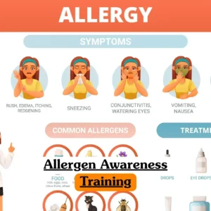 Allergen Awareness Training course banner educational infographic showing allergy symptoms runny nose sneezing conjunctivitis rash nausea diarrhea with icons of common allergens food dust animals insects and treatment options drops eye drops inhaler doctor illustration.