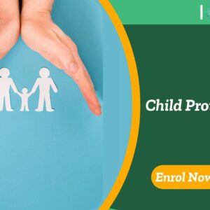 Symbolic protection gesture over paper family figures; promotional banner promotes UK-based “Child Protection” training by IOMH