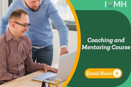 Coaching and Mentoring Course banner with two individuals collaborating at laptop in bright office setting and enrol now.