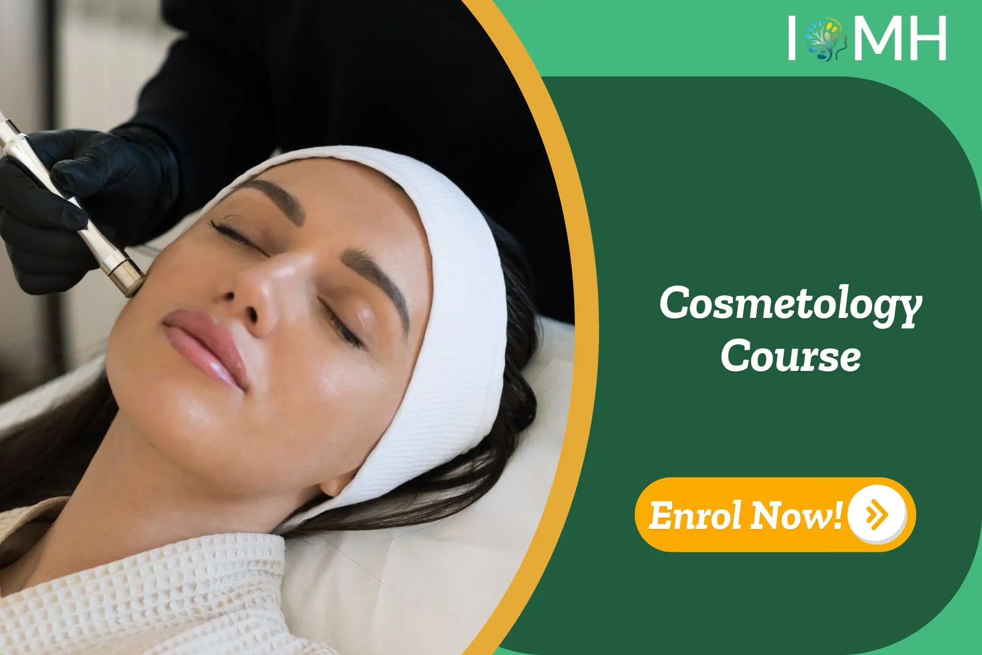 Facial treatment in progress; banner promotes Cosmetology Course.