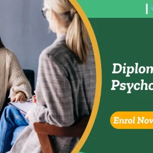 Therapeutic discussion between two individuals in relaxed setting; promotional banner highlights UK-based Diploma in Psychology.