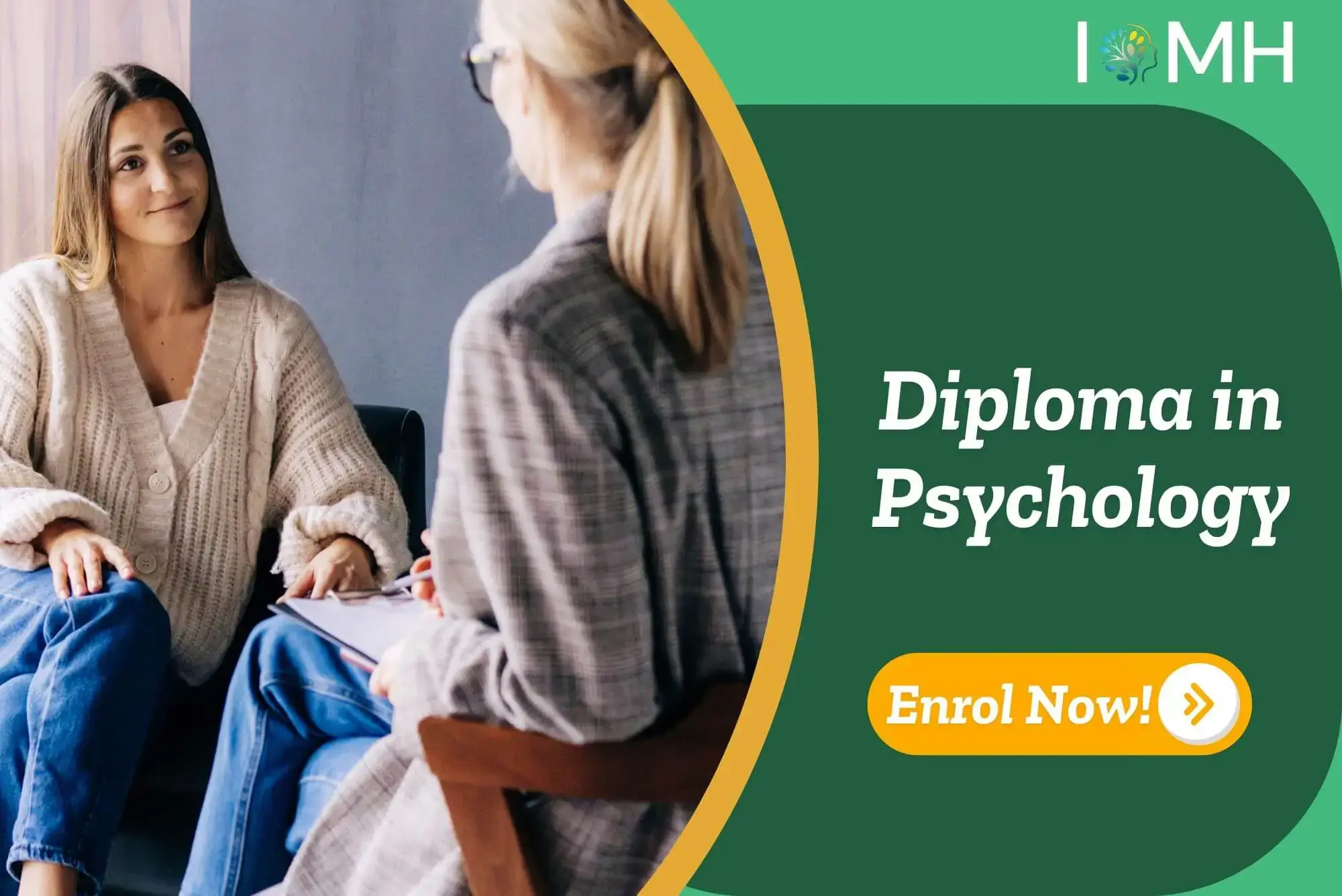 Therapeutic discussion between two individuals in relaxed setting; promotional banner highlights UK-based Diploma in Psychology.