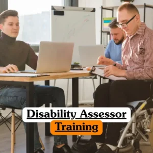 Disability Assessor Training course banner with diverse professionals collaborating on laptops in inclusive office setting.