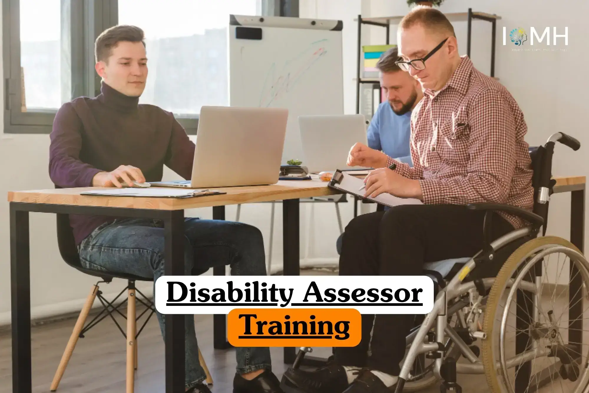 Disability Assessor Training course banner with diverse professionals collaborating on laptops in inclusive office setting.