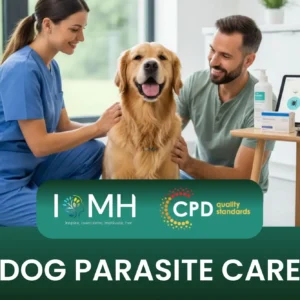 Vet examining Golden Retriever; banner promotes IOMH Dog Parasite Care course.
