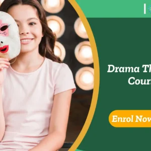 Young individual holds theatrical mask under stage lights; banner promotes Drama Therapy Course.