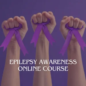 Epilepsy Awareness Online Course banner with three raised fists holding purple ribbons on solid purple background promoting advocacy and education.