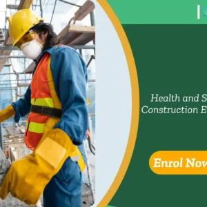 Construction professional in full safety gear working on a scaffolded site; banner highlights Health and Safety in Construction Environment training.