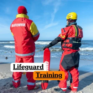 Theoretical aquatic rescue and emergency first response training banner featuring a scenic, bright blue outdoor swimming pool on a clear, sunny day.