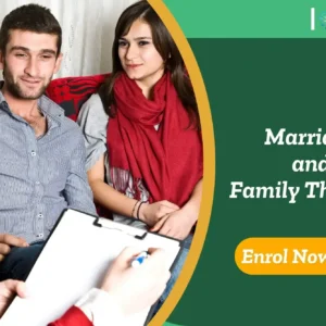 Couple in therapy session; banner promotes marriage and family therapy course.
