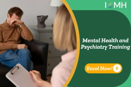 Counselling session between two individuals in clinical setting; promotional banner highlights UK-based Mental Health and Psychiatry Training.
