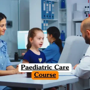 Paediatric Care Course banner with child sitting at desk beside parent during medical consultation with doctor in clinic while another healthcare professional works at computer in background with medical charts folders and anatomical posters pediatric healthcare training environment.