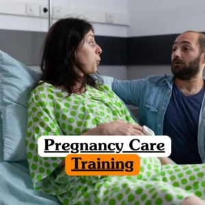 Pregnancy Care Training course banner with expectant mother in hospital gown sitting on bed supported by partner in medical facility.