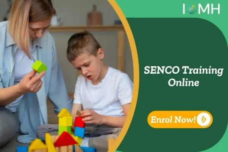 Adult supporting child with educational blocks; banner promotes SENCO Training Online.